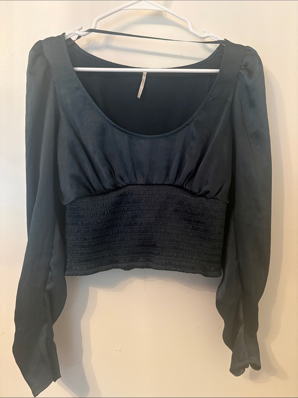 Womens Dark Green Long-Sleeve Smocked Waist Top